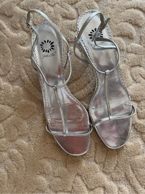 Yellow Box Metallic Silver T-Strap Sandals one inch kitten heel